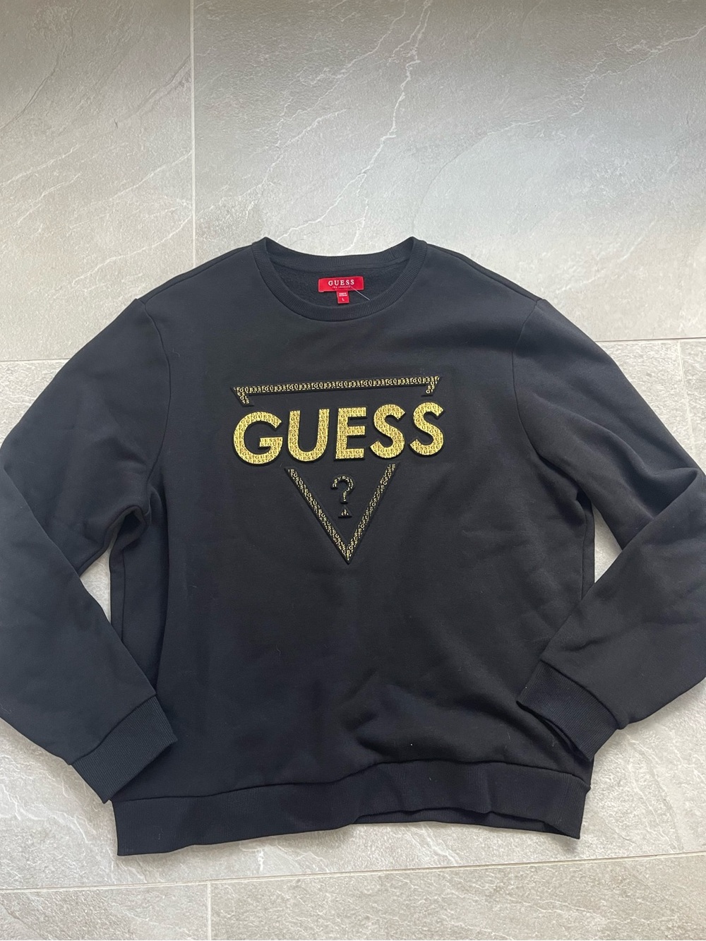 GUESS Black Crewneck Sweater with Gold Logo Triangle